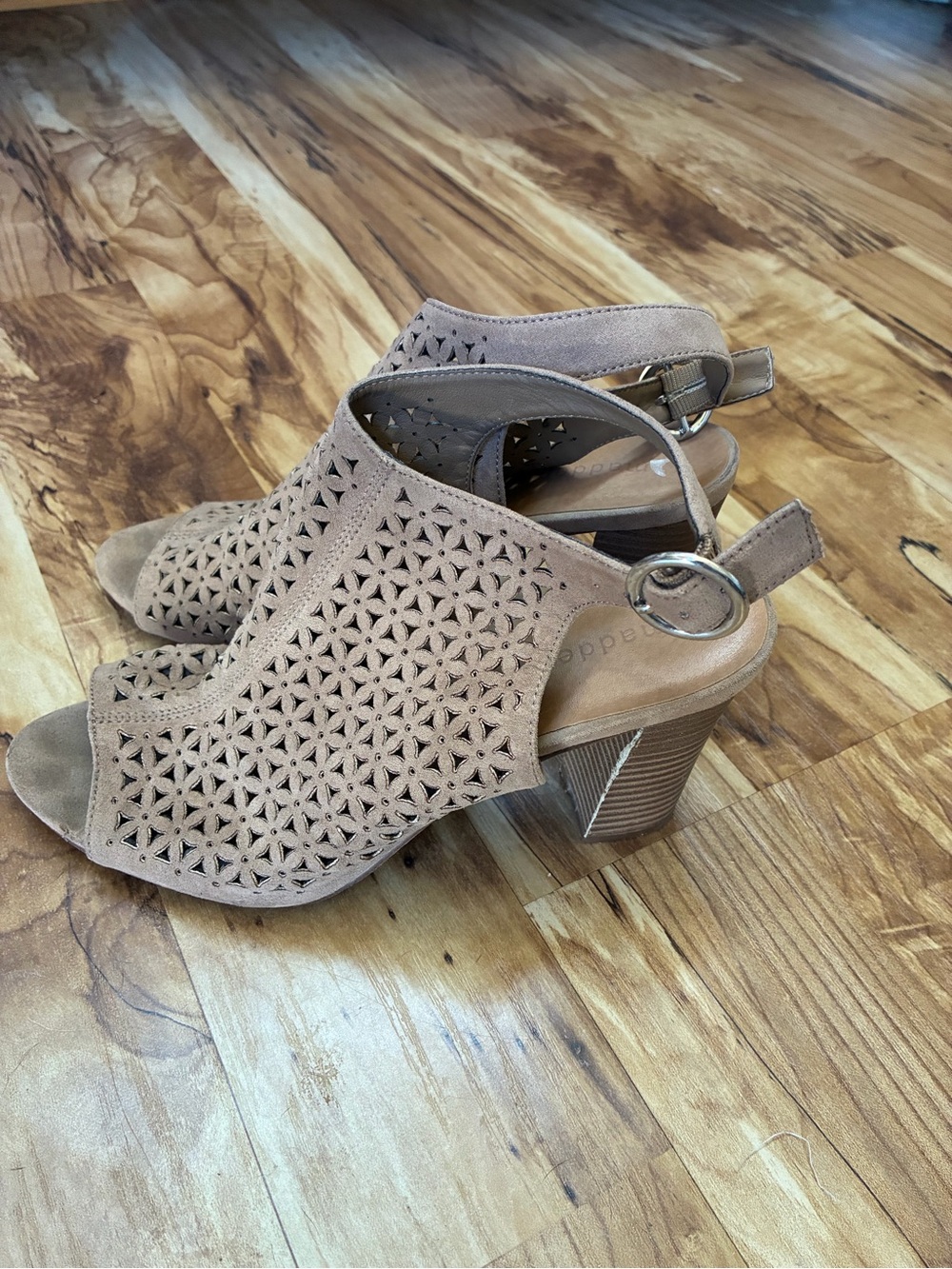 Madden Girl Taupe Laser-Cut Slingback Block Heels